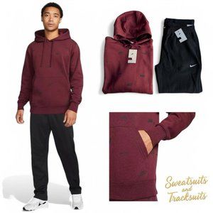 Nike Air Men's 2 PC AOP Sweatsuit Maroon Red Swoosh Logos Fleece Tracksuit Set